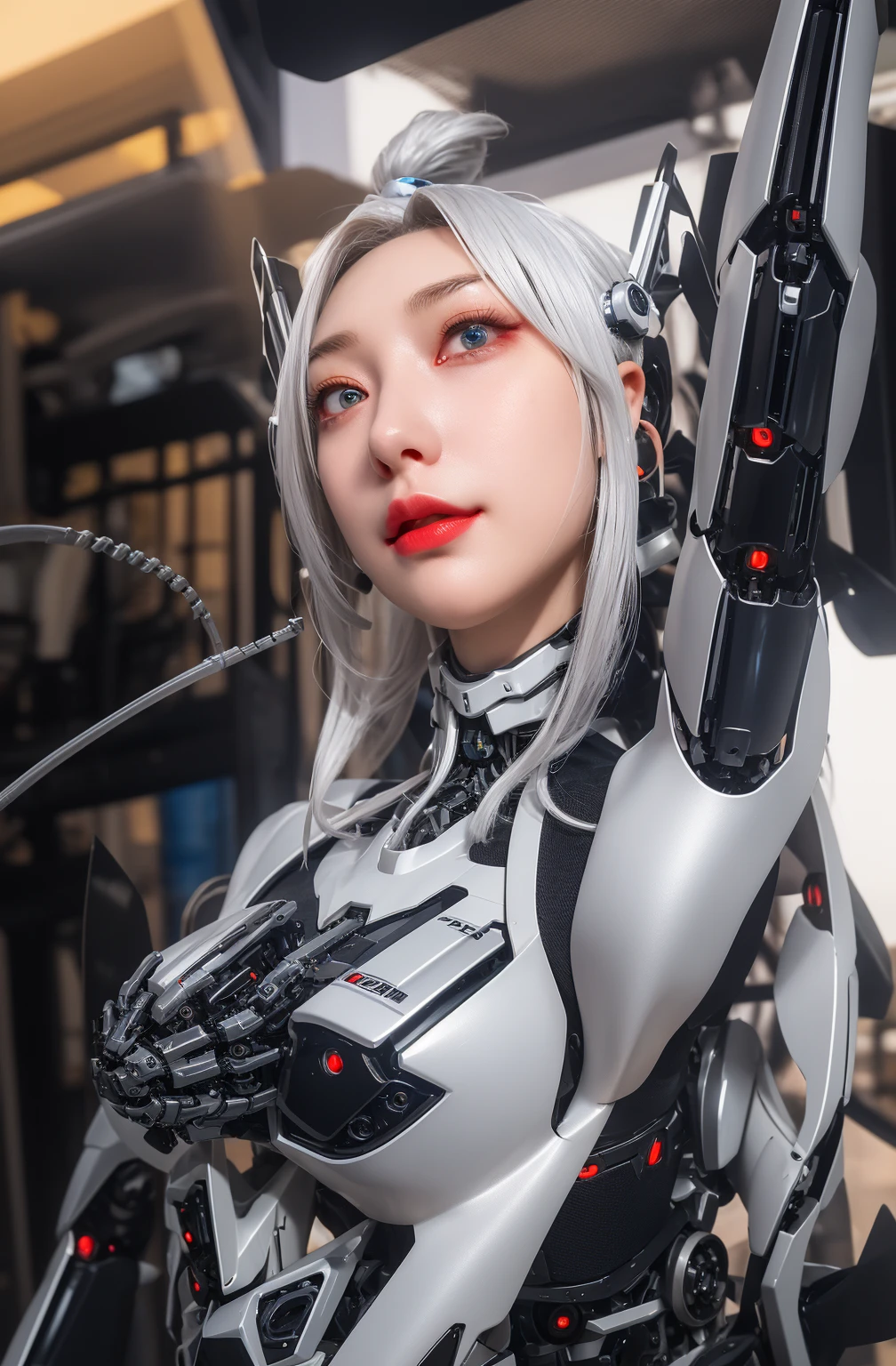 Super Detail, High Detail, high quality, best quality, High resolution，1 female robot，Beautiful female robot,beautiful clear face(Rain waves_haneame：1.5)， Realistic, High resolution, Soft Light,Hips up, (Detailed face), silver hair, long hair, Mecha Maiden, Colorful mechanical parts, mechanical joint, Thick mechanical armor,Weaponry, All metal body, Technology Antenna Hair Accessories