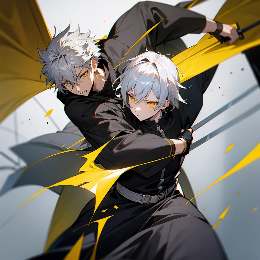 Male character gray hair and yellow eyes and black clothes and swords 