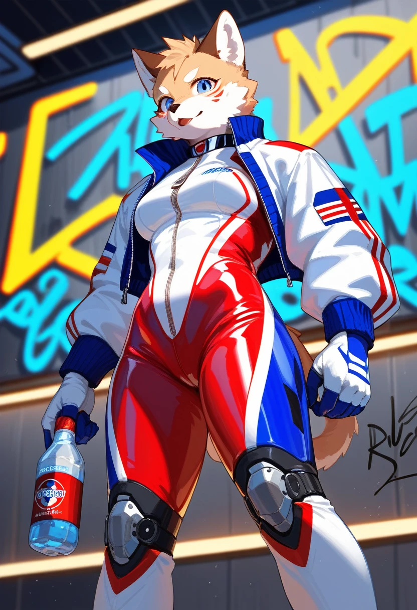 animation, Highest quality, Highest quality, High quality illustrations, masterpiece, Ultra-high resolution, Detailed Background, cyber cafe, Graffiti art on the wall, Absurd, Perfect ???????, performance, Good lighting, Shadows in the movies(kemono, Furry Personifi猫ion), Blueskin, Red Rubber Suit, latex, neon, neonライト, neonカラー, Racing Suits, Cyber Suit, White Leather Half Jacket, cyber punk, Have a bottle