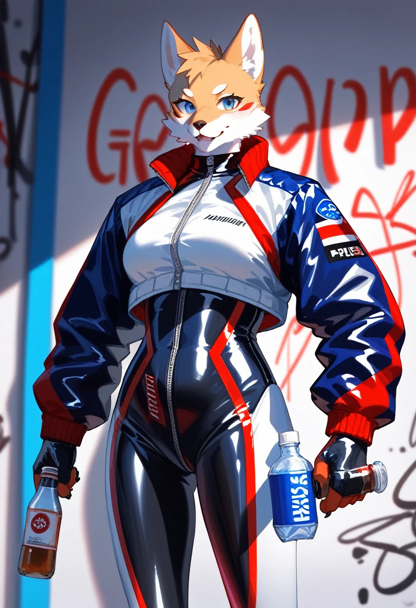 animation, Highest quality, Highest quality, High quality illustrations, masterpiece, Ultra-high resolution, Detailed Background, cyber cafe, Graffiti art on the wall, Absurd, Perfect ???????, performance, Good lighting, Shadows in the movies(kemono, Furry Personifi猫ion), Blueskin, Red Rubber Suit, latex, neon, neonライト, neonカラー, Racing Suits, Cyber Suit, White Leather Half Jacket, cyber punk, Have a bottle
