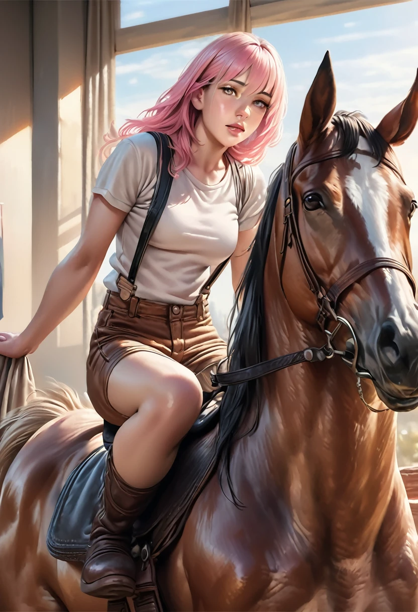 (realistic,photo-realistic:1.37), high-resolution (4k, best quality), The realistic portrayal and photorealistic rendering techniques intensify the lifelike quality of the image, making it a true masterpiece, her eyes are even and both deep with color and detail. super sonico has pink hair, She is riding on top of a horse and is wearing suspenders, she has big nude 