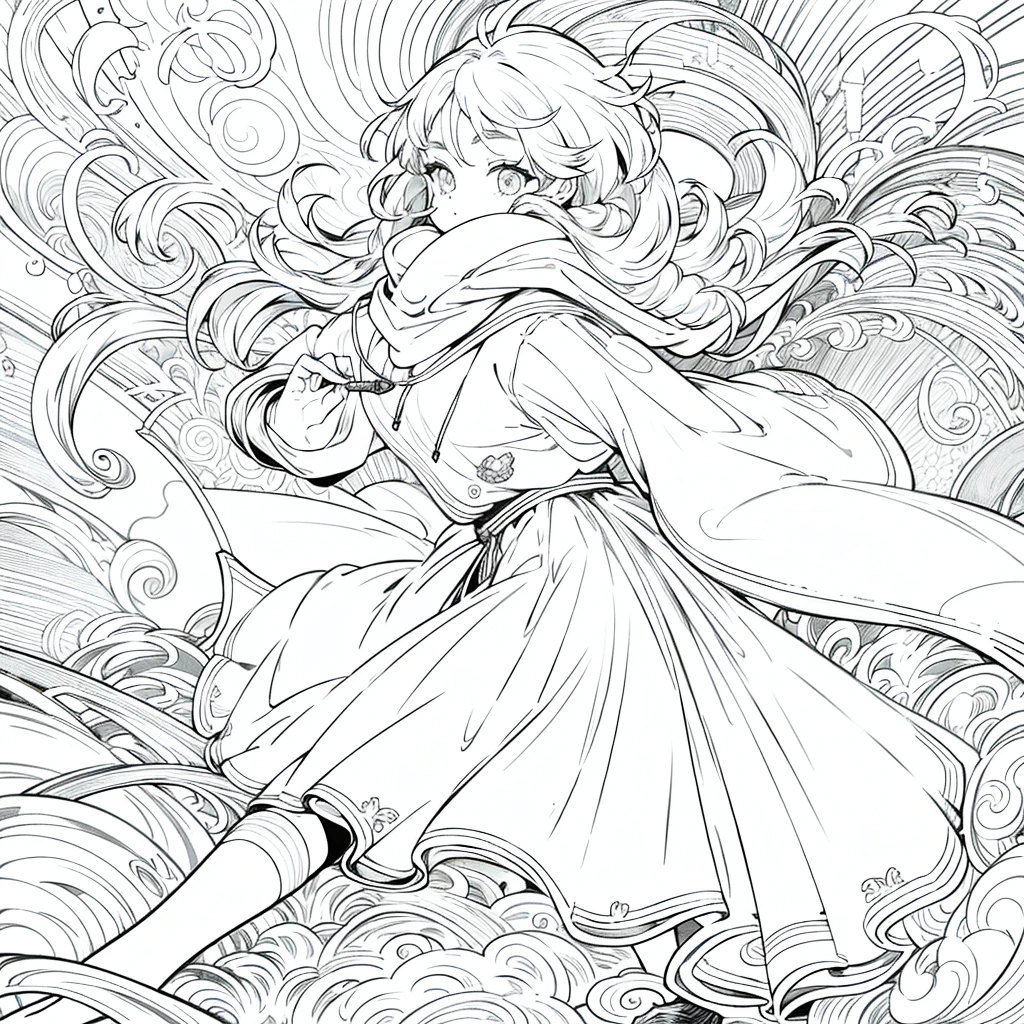 Line art, masterpiece, Highest quality, Super detailed、Braiding、Oversized hoodie,Cool look,Cool backgrounds,prepare,Round eyes、Dynamic pose,Draw your sword