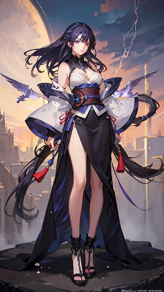 a beautiful young woman, 18 years old, long dark hair, striking bright blue eyes, serious expression, wearing traditional japanese clothing, manipulating purple lightning bolts, summoning thunderstorms, wielding powerful magic, dramatic lighting, dark atmosphere, (best quality,4k,8k,highres,masterpiece:1.2),ultra-detailed,(realistic,photorealistic,photo-realistic:1.37),HDR,UHD,studio lighting,ultra-fine painting,sharp focus,physically-based rendering,extreme detail description,professional,vivid colors,bokeh,dark fantasy,concept art