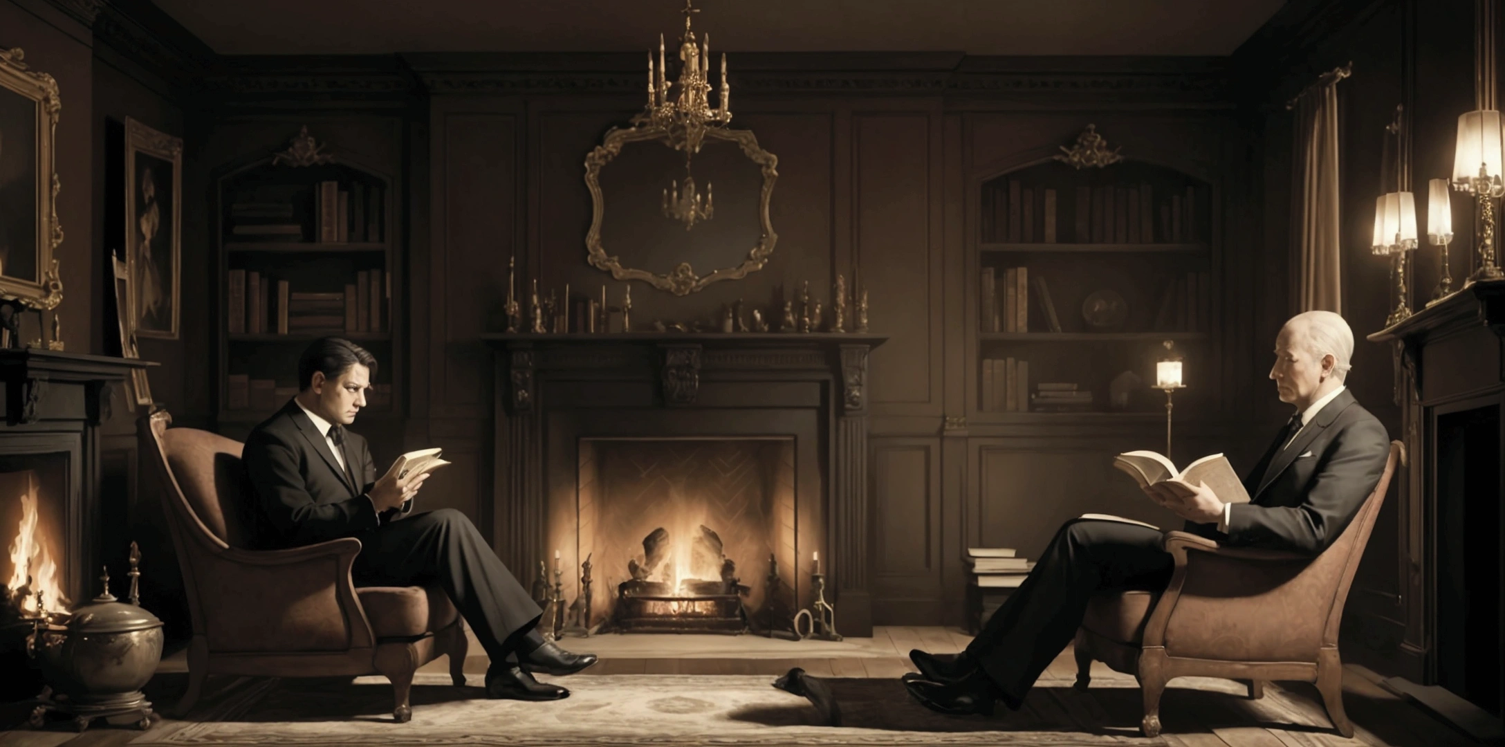 masterpiece, Best quality, official art, 8k wallpaper, Very detailed, 1 man, at home in the evening reading a book in front of the fireplace, Horror Stories, tense facial expression, in the room there are barely noticeable ghosts that stretch their hands to the man behind his back, Cinematic effect, book illustration