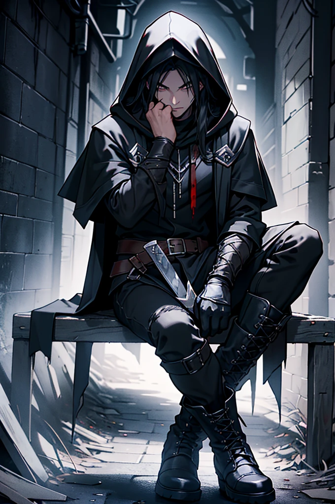 young man, dark long hair, ((skin black)),  hooded with black cloak black gloves and boots, head down,  face heavily shadowed by the hood, Sitting with legs crossed, holding a bloodstained sword, pool of blood at his feet next to him, underground dark city alley, ((dark evening))