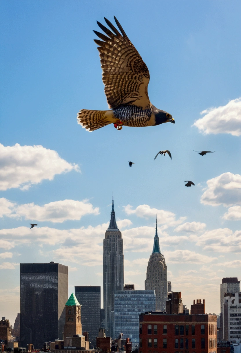 Peregrine hawk hunting pigeons in the skies of New York, image horizontally