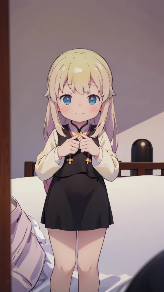 ((masterpiece))((Highest quality))girl、smile、blush、Flat Chest、Are thin、Blonde Hair、blush、Are standing、Whole body image、Even your toes are visible、Eye level on face、front、No background、真frontのアングル、Monastic Clothes