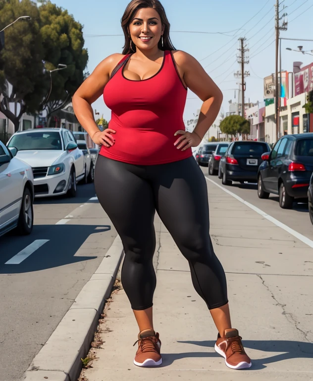 there is a Latina woman in a red tank top and shiny black leggings posing for a picture, plus sized milf, mature female, (tan-bronze skin:1.5), long brown hair, (Wearing: red tank-top, black leggings, sneakers:1.2), looking at camera, wide smile, confident expression, teeth, sexy, very beautiful face, Curvy, wide load butt, in the city of Los Angeles