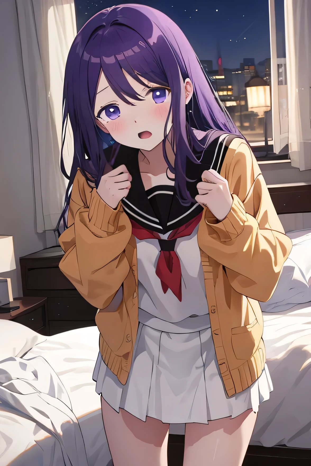 Masterpiece、Anime Coloring、Ultra fine、8K、Open your mouth wide、blush、Parted bangs、Sailor suit、Brown cardigan、((Skirt flip、White panties))、Bedroom、blue sky、night、Purple Hair、Are standing、Dark Room