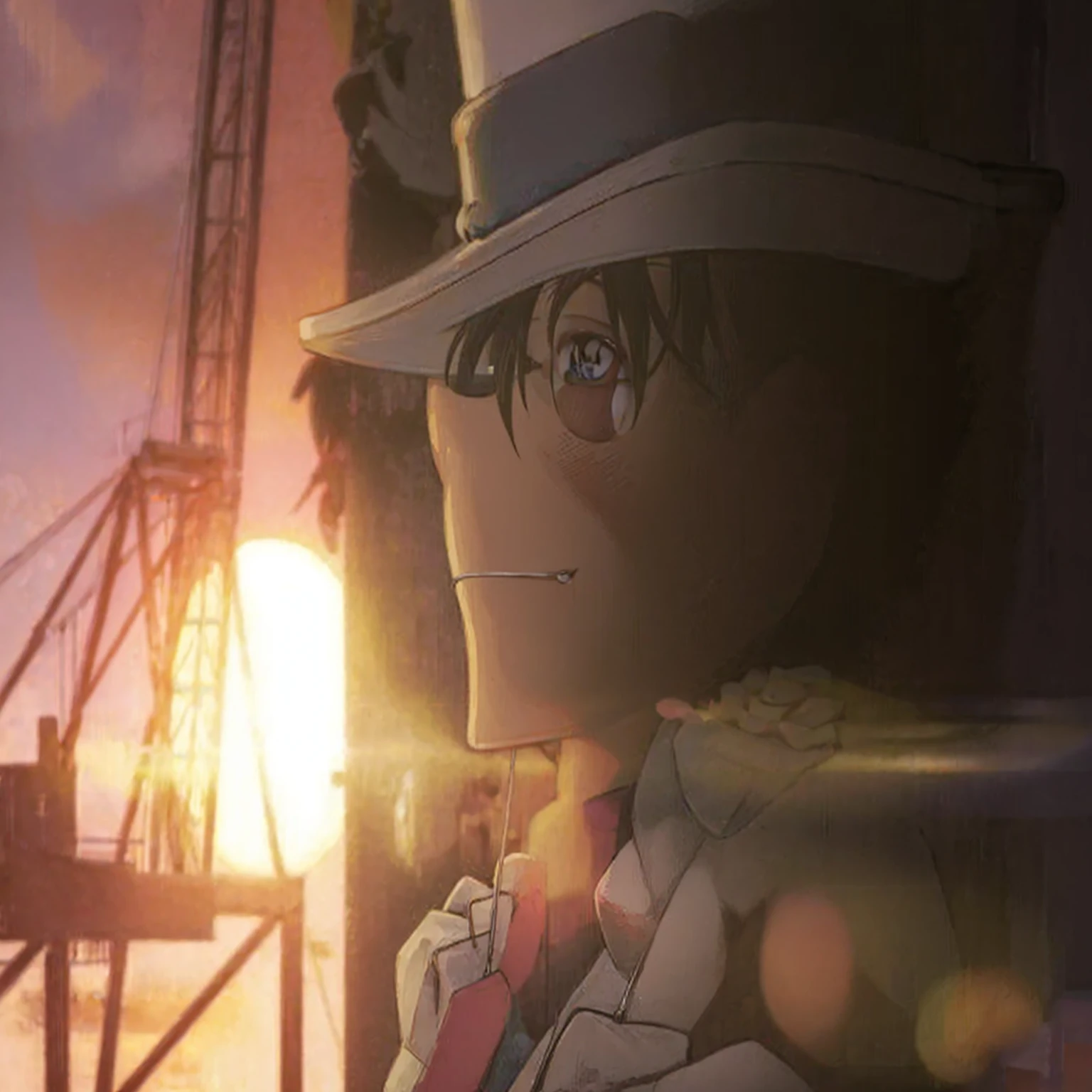 Highest quality、Highest quality、Realistically drawn detailed pictures、anime character with hat and jacket standing in front of a sunset, Shinji, up close shot Shinji aramaki, mamoru hosoda, in the anime film, Close-up of Rei Iwakura, Watching the sunset. anime, anime still film anime shikishi, aramaki Shinji, screenshot from the anime film, shinichi sakamoto