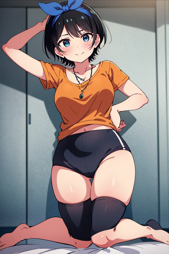 Main Works、high quality、High resolution、One girl, alone, Ruka Sarashina、jewelry、necklace、Black Hairの女性、short hair、Black Hair, Orange Shirt, Black spiral print、socks、Blue panties, barefoot,White Sox, blue eyes, Short sleeve, bow, bow, Blue headband, bangs, Big ample breasts, Medium Waist, Medium Hips, wide thighs, cowboy pictures, smile, Fascinating, Embarrassing, Hotel Rooms, At the bed ,On all fours, Looking at the audience,throw(From below), Ahegao Bitch Inviting ejaculation