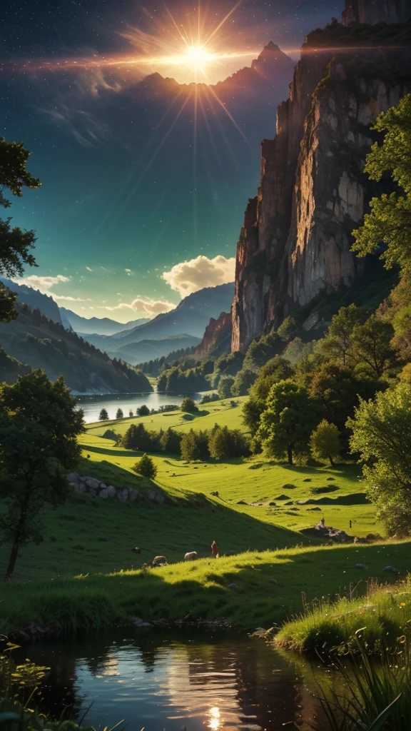 (Logo, Amazing, 8K, Tabletop, Raw Photo, Amazing, Top Quality, Photorealistic and Highly Detailed, CG, High Quality, Highly Detailed, Narrative Verse, Particle Effects, Dynamic Effects, Flare, Late Racing, Tabletop, Realistic, Ultra HD, Fantasy), Wind, Beauty and brilliance of mountains and forests, Tranquility and beauty of grasslands and vast lands of the world, Lakeside, Amazing scenery, Beautiful natural scenery, Night, Full moon , view, water, wonder, fantastic, magic