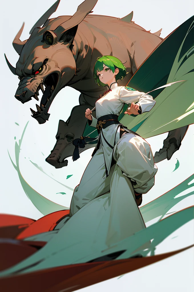 (Artwork, Highest quality, Facial details, Very redundant, Advanced Details, Highest quality, High resolution, 8K) frontを向いている、Green Hair、Her hair is short、small breast、upright stance、full body、Fighter、Uniform、Chinese Knight、Chinese style、White background、Simple Background、 exposure、China dress、pants、band、front、White clothes、Kung Fu、slender
