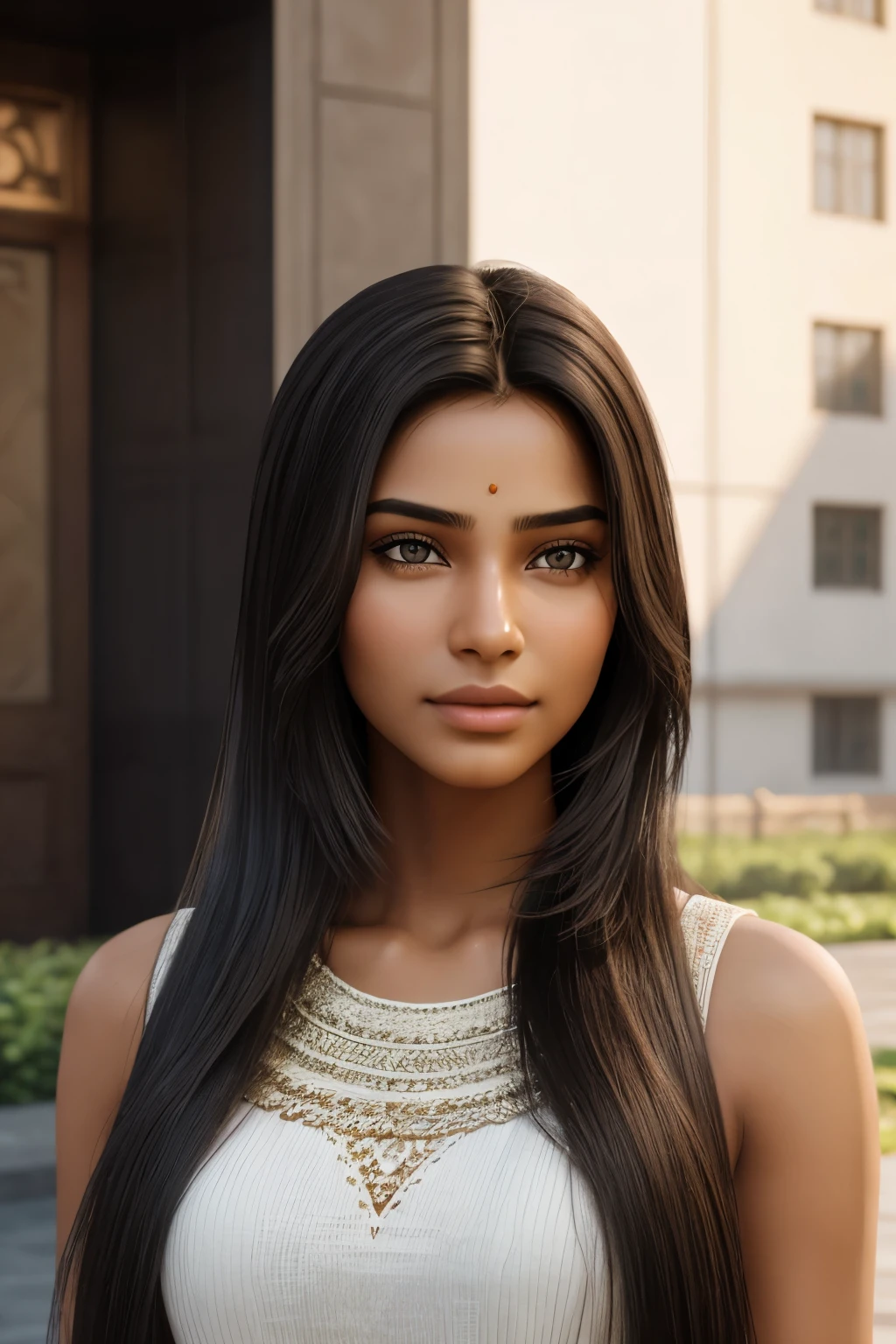 "Design a highly realistic girl model of a 20-year-old Indian individual. The model should have long, flowing hair that appears natural and well-maintained. Ensure the facial features reflect typical Indian characteristics with a warm, lifelike skin tone. The eyes must be black, expressive, and look real, with intricate details in the iris and reflections to enhance their lifelike quality. The model should have a friendly smile and an overall youthful appearance. Pay close attention to details such as skin texture, individual hair strands, and natural expressions to maximize realism. The final model should look convincingly real and be suitable for use in various applications such as virtual environments, avatars, or character designs."