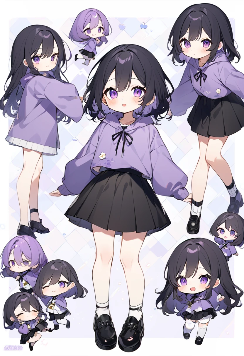 Keito。Purple hoodie。Black Skirt。Purple Eyes。Black Hair。Black shoes下。Black shoes。six sistery eldest daughter has lavender hair.。all female。Sextuplets。
