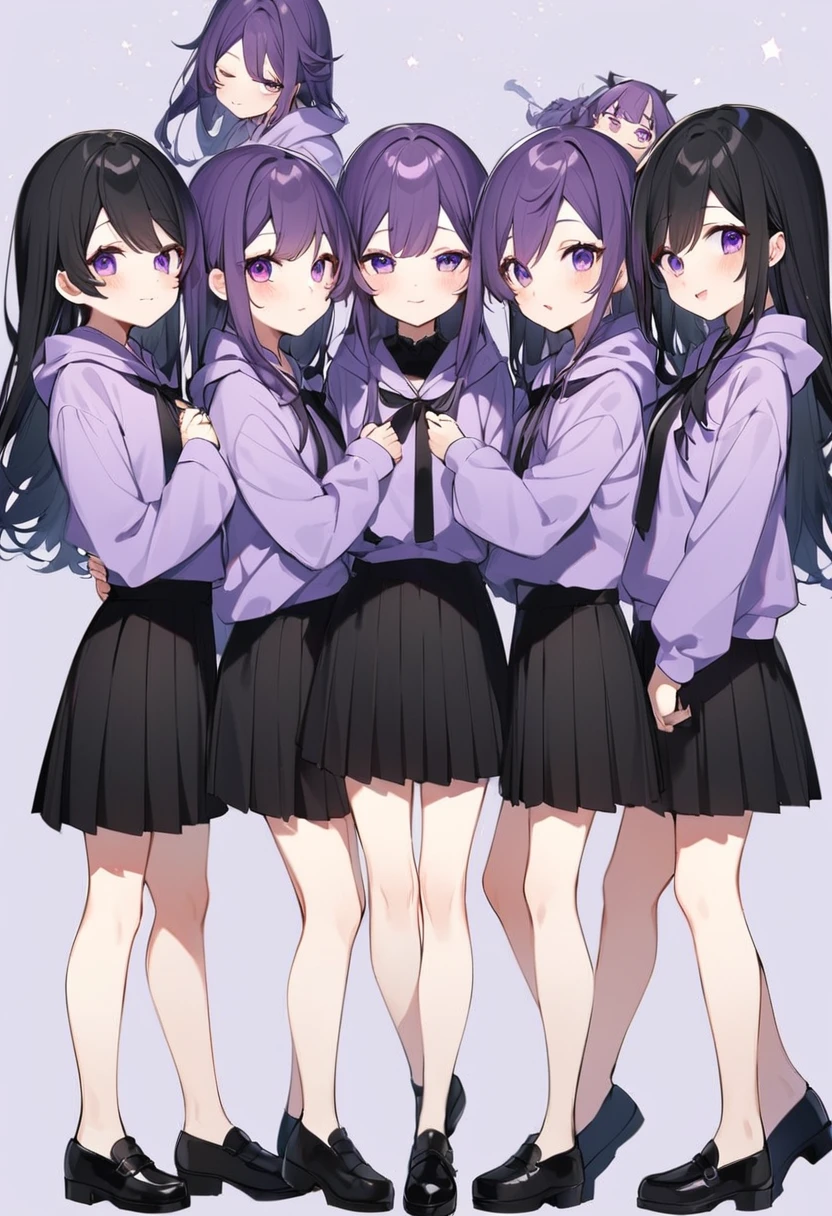 Keito。Purple hoodie。Black Skirt。Purple Eyes。Black Hair。Black shoes下。Black shoes。six sistery eldest daughter has lavender hair.。all female。Sextuplets。