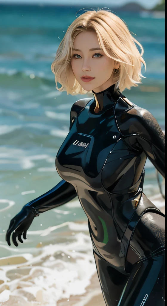 (Perfect Anatomy), (Highest quality), Realistic, (Intricate details, Written boundary depth)、8k Very detailed, Perfect Face, Perfect body, Natural background bokeh.Huge breasts, Very big ass,Open、sexy、Glamour、blonde、Short Bob、Transparency、Perfect appearance、 whole body、Perfect appearance, Natural soft light, Anatomically correct((太ももを含むwhole body)),((SFW:1.5)), Protruding areola,垂れ下がった長いHuge breastsを持つ美しい女性,
Mild climate、Sea and beach、wetsuit, surfing、Wearing accessories、front、((Dynamic pose))、