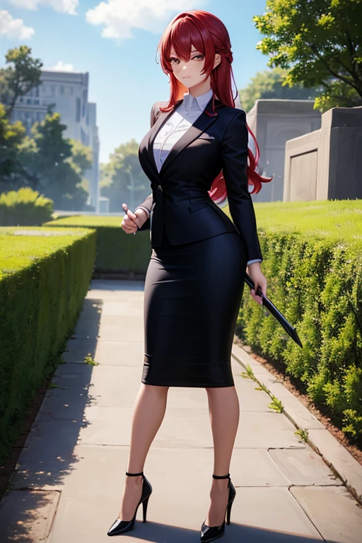 best quality, 1girl, business woman holding a sword, black business suit, black midi pencil skirt, black blazer, heels, looking at viewer, full body, long red hair, garden