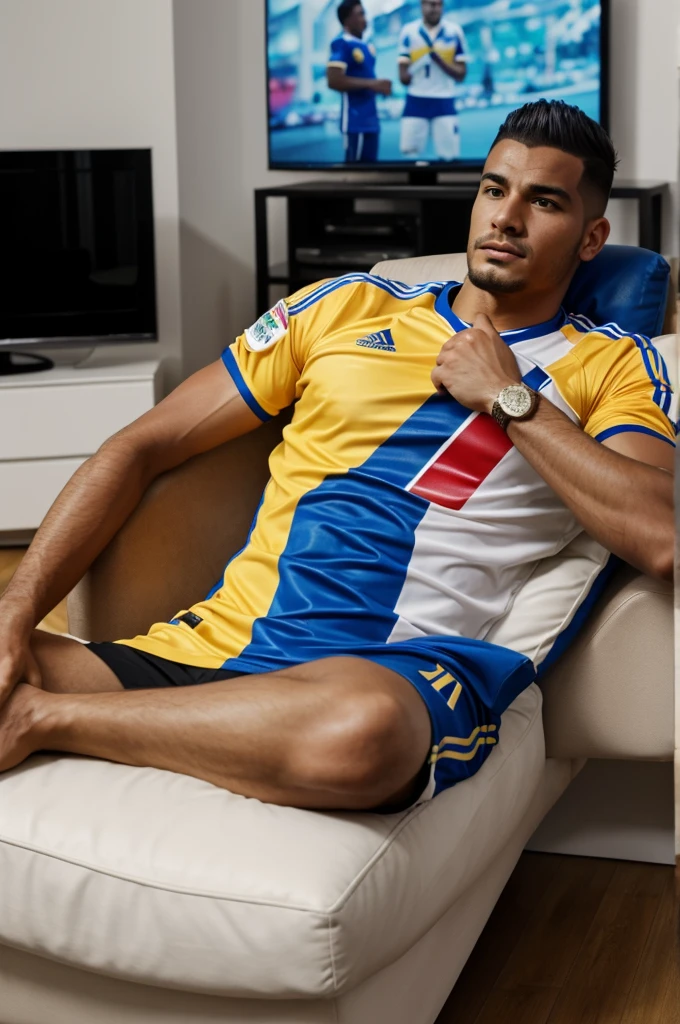 with the Colombian national team shirt watching TV on the big screen with the number 7