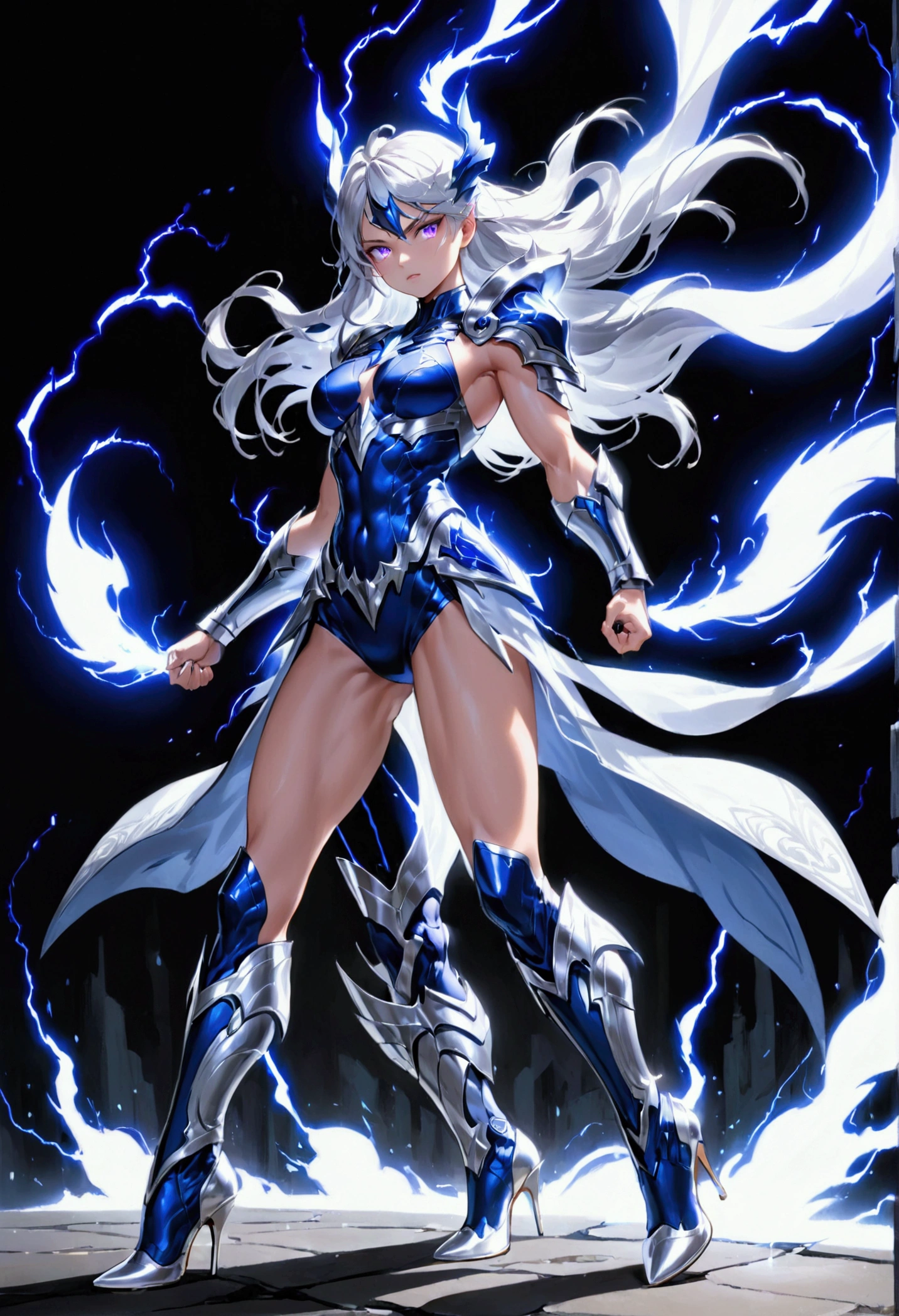 a heroic blue female Valkyrie with muscular biceps (has purple eye pupils) blue lightning flowing through her hands, wears platinum armor (white high heel boots) ((dynamic elegant beautiful)) 