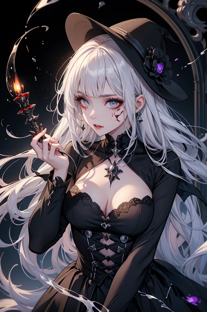 （masterpiece，Highest quality）， solo，A white-haired woman is holding a candle，Anime Skull Woman Portrait,Beautiful Necromancer girl，Beautiful girl necromancer，，Smokey, Flowing white hair，Critical Eyes，Pale skin，Black eyeshadow，Black blood and tears，Two fangs exposed，Gothic Girl Anime Characters，Beautiful Necromancer，gothic fantasy art，Dark fantasy art, White-haired God,Retrato de um Female Necromancer，Female Necromancer，Goddess of Death，Dark atmosphere lighting，The light shines，Mysteriouagic，Edge Light, (Blood splatter:1.5)