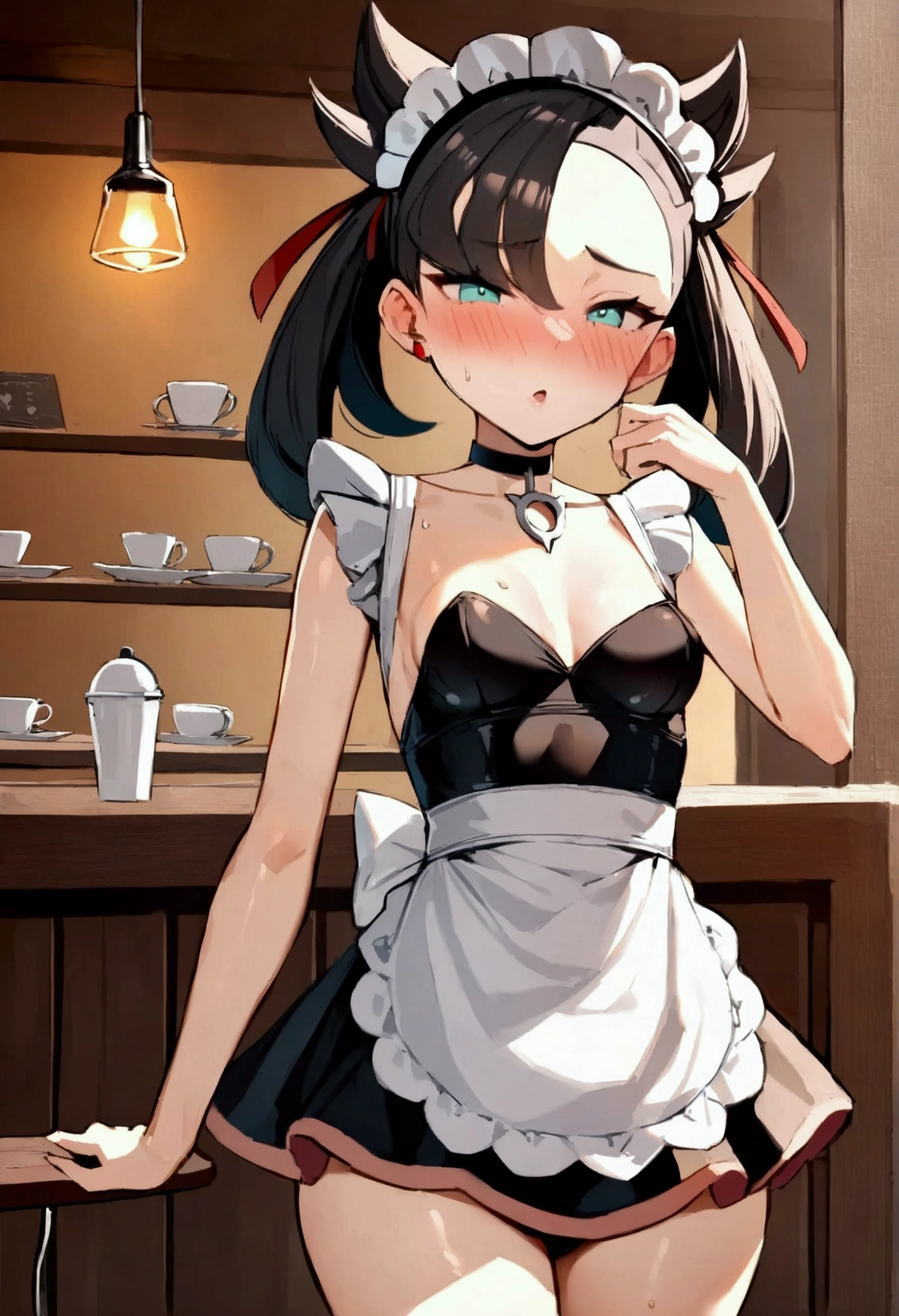 NSFW,masterpiece,Highest quality,High resolution,Super detailed,marnie_\(pokemon\),Aqua Eye, Black Choker, Red ribbon,Classic maid outfit,Small breasts,blush,Coffee shop