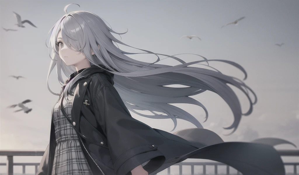 A girl,Gray long hair,Messy hair,Extra long bangs covering one eye,Gray plaid coat moves with the wind,Color Shadow,Bird's-eye view,Gray Eyes,Hand Improvement Stretch,Highest quality,beautiful eyes,Fisheye lens,Blurred foreground,(Black and white diamond floor tiles),((Color Shadow)),Oil painting style,Church stained glass window,Backlight