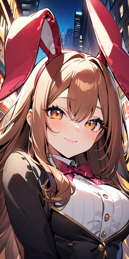 ((Highest quality、、masterpiece:1.3)), Upper Body、Long legs、Sharp focus:1.2, Beautiful woman with perfect figure:1.4、(Smiling:1.2), double eyelid、30-year-old female、Sexy pose、((((Close your mouth、One Woman、Bunny girl,Downtown at night))))、(((((手は体の横に)))))