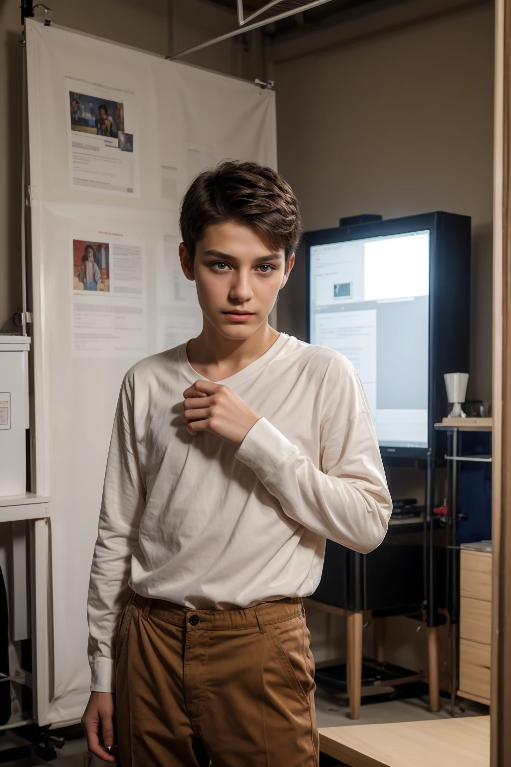 A young male twink with a make-up face and black hair. He is wearing a white long-sleeved shirt and brown pants. He is in a film production company, with production screens behind him, and he looks on proudly.