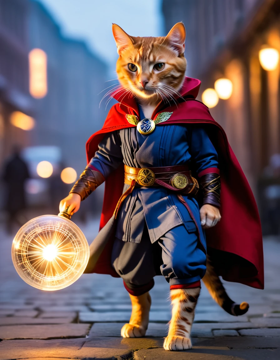 Cat, ((Doctor Strange Costume)), Spectacular sights, Dynamic Camera, Backlight, (closure:1.2), High-quality photos, Three-point lighting, Flash with softbox, 4K, Canon EOS R3, high resolution, Smooth, Clear focus, high resolution, Award-winning photos, 80 mm, F2.8, Bokeh