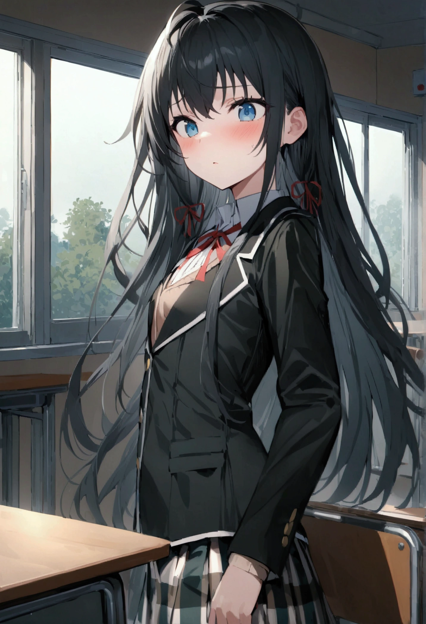 NSFW,masterpiece,Highest quality,High resolution,Super detailed,Yukinoshita Yukino\(My Youth Romantic Comedy is Wrong as Expected\),Black Hair,Long Hair,Light blue eyes,uniform,Small breasts,Dissatisfied face,School,classroom,machine,Chair,Chairに座っている,From the side
