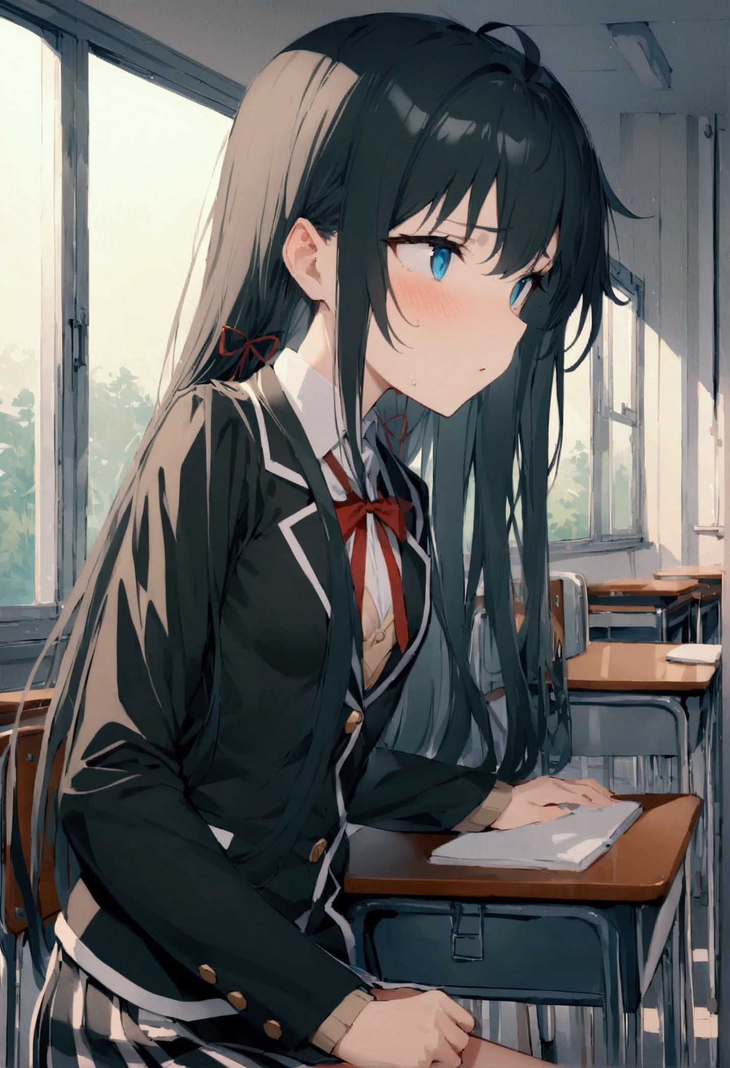 NSFW,masterpiece,Highest quality,High resolution,Super detailed,Yukinoshita Yukino\(My Youth Romantic Comedy is Wrong as Expected\),Black Hair,Long Hair,Light blue eyes,uniform,Small breasts,Dissatisfied face,School,classroom,machine,Chair,Chairに座っている,From the side