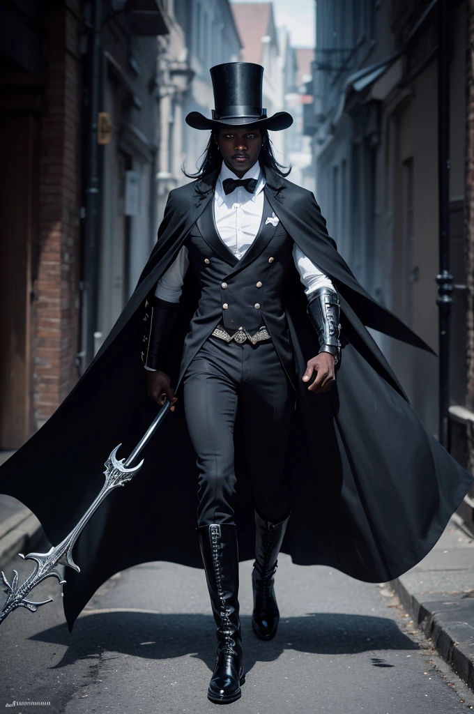 Create images of Exu "lock street of souls" with the following characteristics:
• high, strong and dark skin.
•no shirt • black pants, wearing high boots.
•wearing a black cape and top hat.
•holding whip in right hand.
Holding trident in left hand.