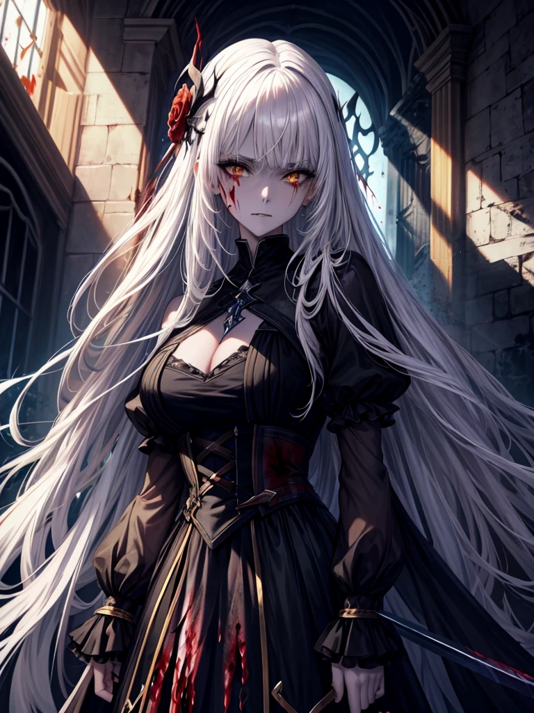 （masterpiece，Highest quality）， solo，A white-haired woman is holding a candle，Anime Skull Woman Portrait,Beautiful Necromancer girl，Beautiful girl necromancer，，Smokey, Flowing white hair，Critical Eyes，Pale skin，Black eyeshadow，Black blood and tears，Two fangs exposed，Gothic Girl Anime Characters，Beautiful Necromancer，gothic fantasy art，Dark fantasy art, White-haired God,Retrato de um Female Necromancer，Female Necromancer，Goddess of Death，Dark atmosphere lighting，The light shines，Mysteriouagic，Edge Light, (Blood splatter:1.5)