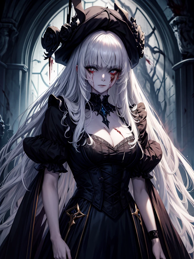 (masterpiece,Highest quality), solo,A white-haired woman is holding a candle,Anime Skull Woman Portrait,Beautiful Necromancer girl,Beautiful girl necromancer,,Smokey, Flowing white hair,Critical Eyes,Pale skin,Black eyeshadow,Black blood and tears,Two fangs exposed,Gothic Girl Anime Characters,Beautiful Necromancer,gothic fantasy art,Dark fantasy art, White-haired God,Retrato de um Female Necromancer,Female Necromancer,Goddess of Death,Dark atmosphere lighting,The light shines,Mysteriouagic,Edge Light, (Blood splatter:1.5)