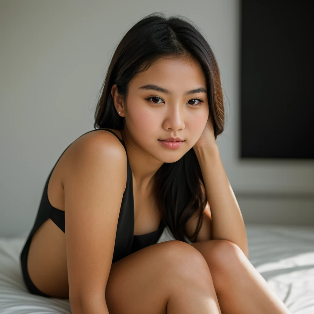 young girl, Asian girl with dark brown hair, big breast, she is dressed in elegant black dress, photo taken on a white background. Ultra-high resolution, (photorealistic: 1.4), high resolution, (brown eyes), (finely detailed skin), (perfectly proportioned) (photo realistic) (masterpiece) (photorealistic), ultrarealistic (Best Quality) (Detailed) photographed in a Canon EOS R5, 50mm Lens, F/2.8, (8K) (Wallpaper) (Natural lighting) (Convoluted) Fashion