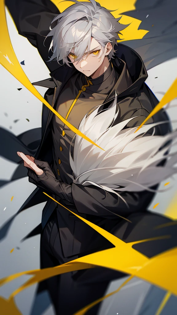 Male character with gray hair and yellow eyes and black clothes 