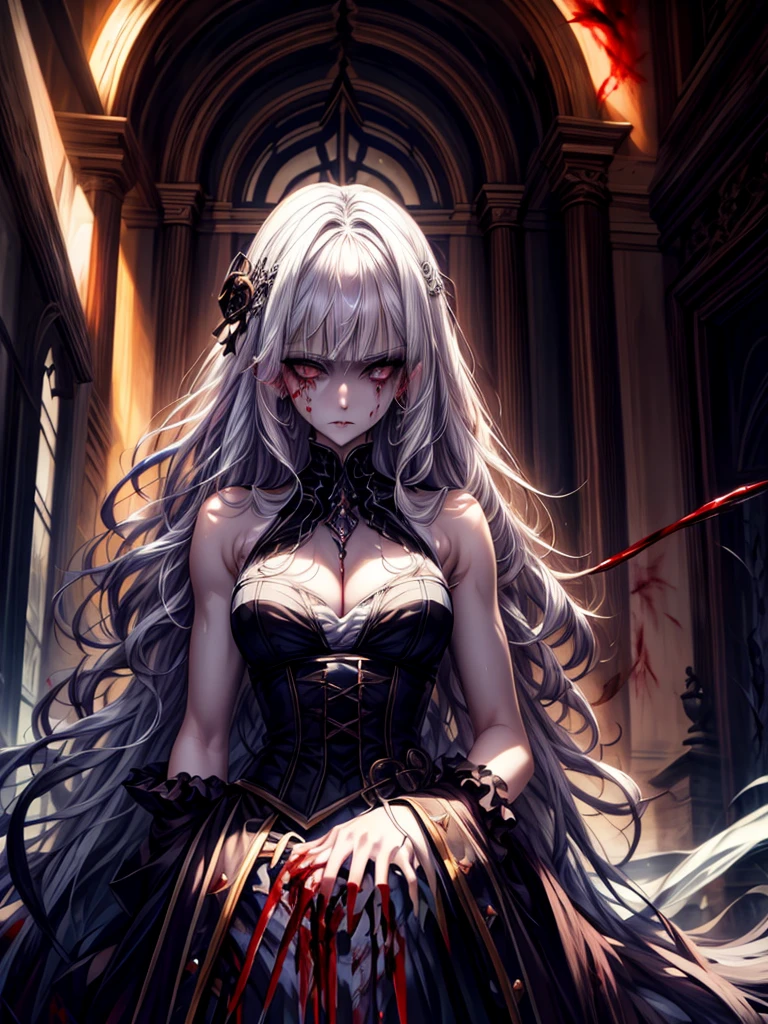 （masterpiece，Highest quality）， solo，A white-haired woman is holding a candle，Anime Skull Woman Portrait,Beautiful Necromancer girl，Beautiful girl necromancer，，Smokey, Flowing white hair，Critical Eyes，Pale skin，Black eyeshadow，Black blood and tears，Two fangs exposed，Gothic Girl Anime Characters，Beautiful Necromancer，gothic fantasy art，Dark fantasy art, White-haired God,Retrato de um Female Necromancer，Female Necromancer，Goddess of Death，Dark atmosphere lighting，The light shines，Mysteriouagic，Edge Light, (Blood splatter:1.5)