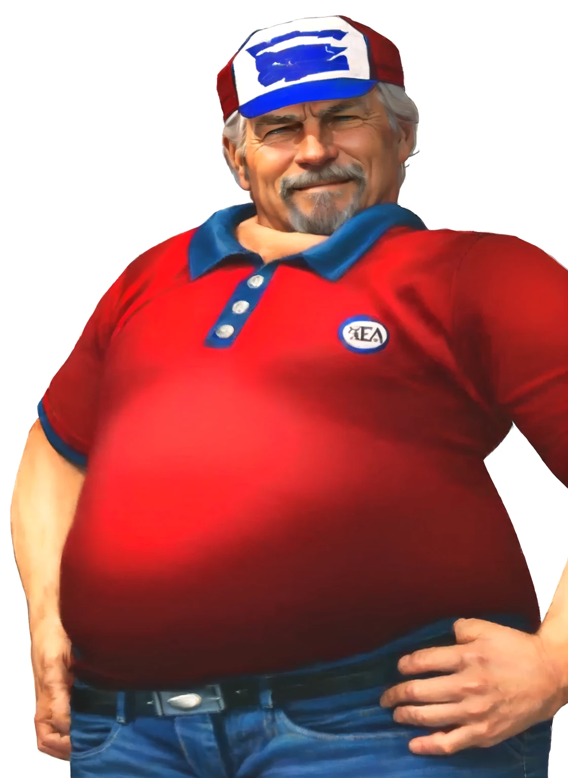 a close up of a man in his 60s wearing a red shirt and blue jeans, as a character in tekken, beefy, realistic textures, jeff bridges with a goatee, best friend smiling at you with encouragement, Out Run 2 flagman, 2 k, 2k, muscular bernie sanders, buff man, character from king of fighters, robust stocky body, hide the pain harold, name of character is flagman, wise face, his cap has a SEGA logo on it, (short GREY hair)