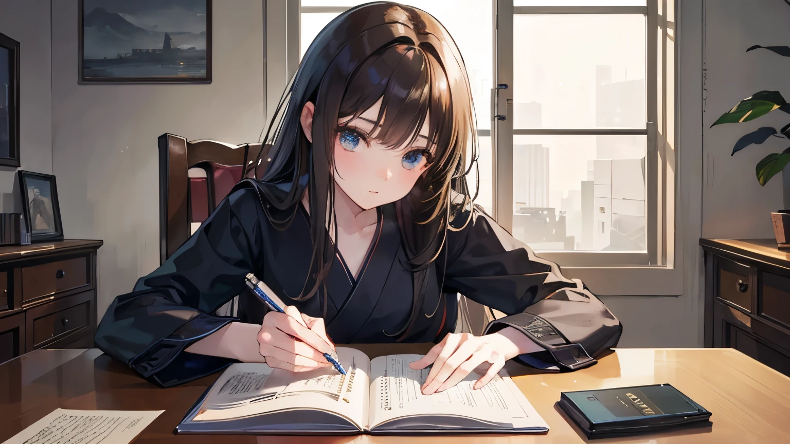 superior, figure, Tabletop, Highest quality, figure, wallpaper, throw, (Realistic: 1.5), Realistic, Octane Rendering, 超Realisticな, Highest quality, (8K), (4K), Very long hair, (Tabletop), (Highest quality), Fantasy, Very detailed, Complex, Ultra-detailed, (Perfect Face), Soft lighting (非常にComplex照明: 1.4) indoor, comfortable, comfortable, window, Chair, night, desk work, Book on the table, 18:00, Cityscape outside the window, writer, Book, Work with Workbooks, テーブルのsuperiorにたくさんのBook, Writing with a pen, One Girl, alone, Year: 30, alone, Thick Hair, Straight hair, Black shirt and brown hair, Long sleeve