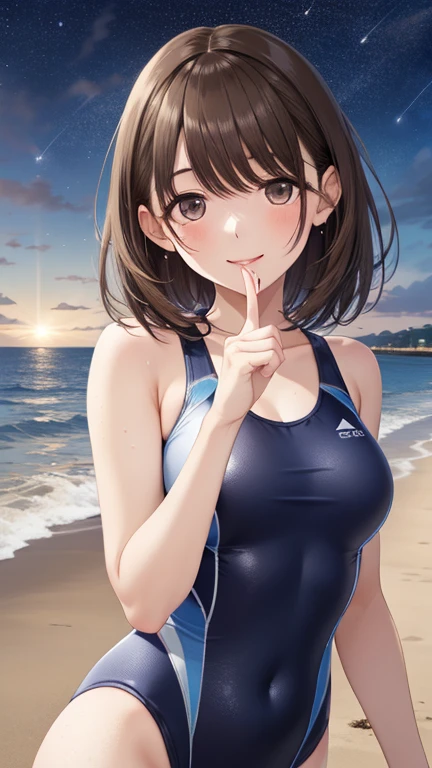 anegasaki nene、Shiny brown hair, short hair, (Beautiful brown eyes、Sparkling eyes, Fine grain)、smile、Ultra-detailed eyes、Highly detailed face, Highly detailed eyes,(((Cowboy Shot)))、


masterpiece、最high quality、High resolution、High-quality imageasterpiece、High resolution、high quality、32k、(1 teenage female、Straight hair、White competitive swimsuit、Night Beach、Water Drop、Fun at sea、Starry Sky)、great joy、((streaks))、((Focus on the upper body))