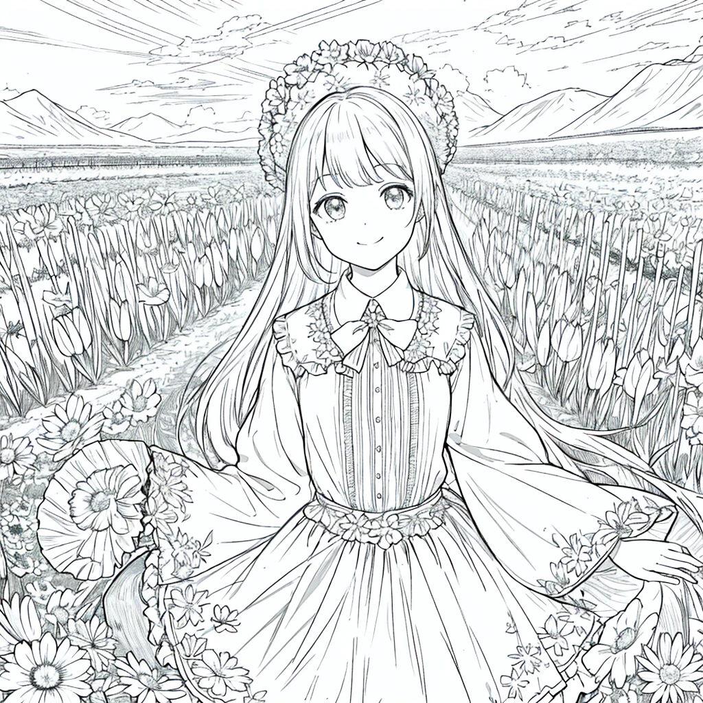 masterpiece, Highest quality, 1 Barbie Happy Girl, only, Long Hair, Watching the audience, smile, fringe, skirt, shirt, Long sleeve, sombrero, dress, bow, Participation, Closed Mouth, flower, Steering Wheel, flower del cabello, flowerびら, ramo de floweres, Clamp Flower, Steering Wheel centrales, Food, flower束を挟む, Field, flower, Castillo, Line art, Monochrome,