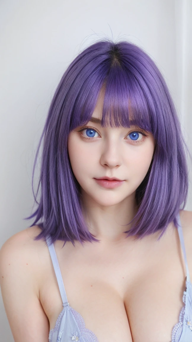 Baby face Purple hair biggest breast blue eyes