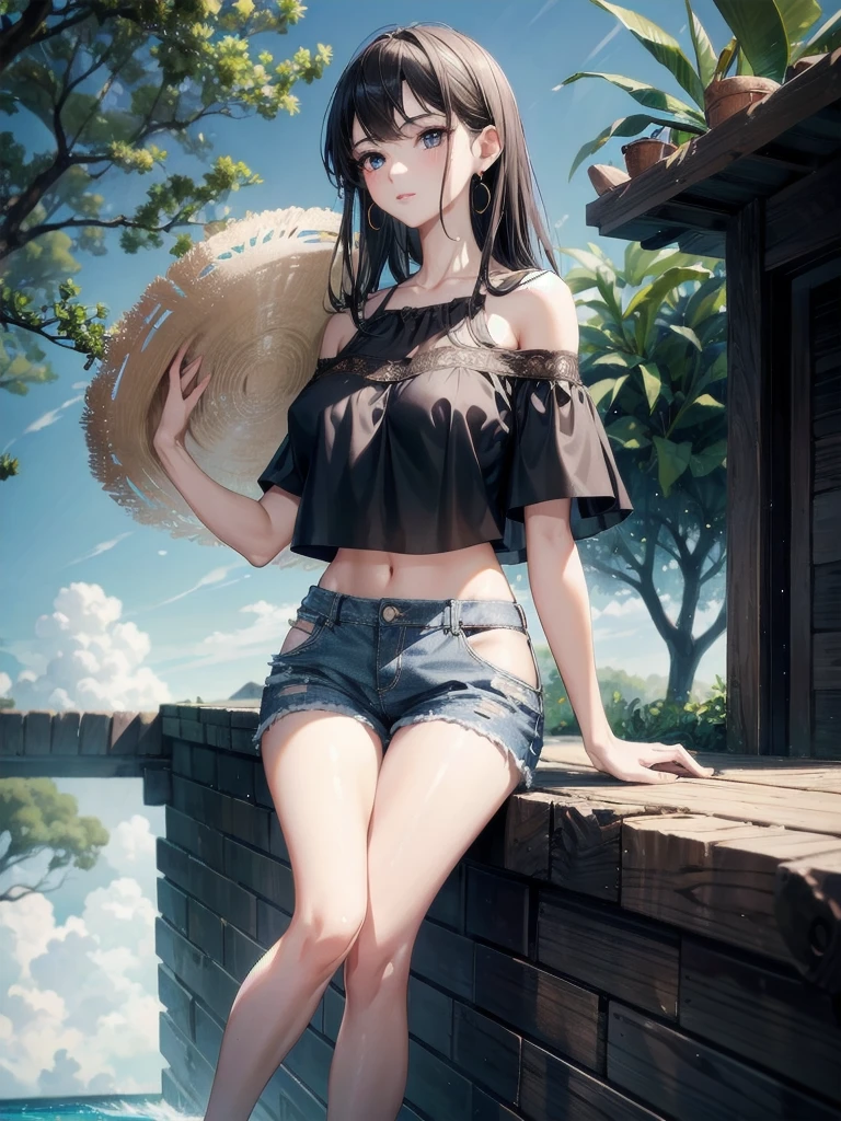 absurdres, RAW photo, extremely delicate and beautiful, masterpiece, Best Quality, ultra high resolution, 32k, hyperrealistic, ultra-detailed, perfect anatomy, super Detailed skin, Super Beauty, perfect figure, Perfect Style, Perfect balance, in her 20s, very small head, very small face, delicate facial features, tearful mole, earring, very huge breasts, bare legs, full body shot, medium hair, black hair, casual, blouse, white shirt, buttoned shirt, bare shoulders, collarbone, midriff, navel, shorts, straw hat,
