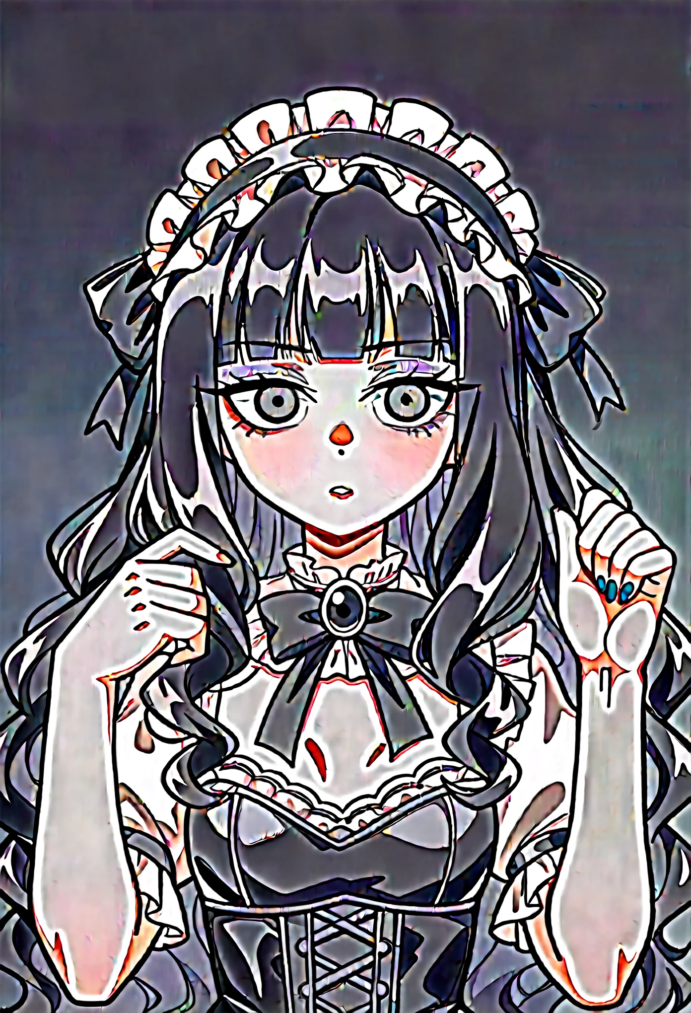 score_9, score_8_up, score_7_up, source_anime, BREAK, (((vigme)))), 1girls, solo, downturned eyes, black eyes, black hair, long hair, wavy hair, bangs, purple eyeshadow, gothic lolita fashion, gothic lolita outfit, headdress, small breasts, thin, tall, pale skin, slender, lanky 