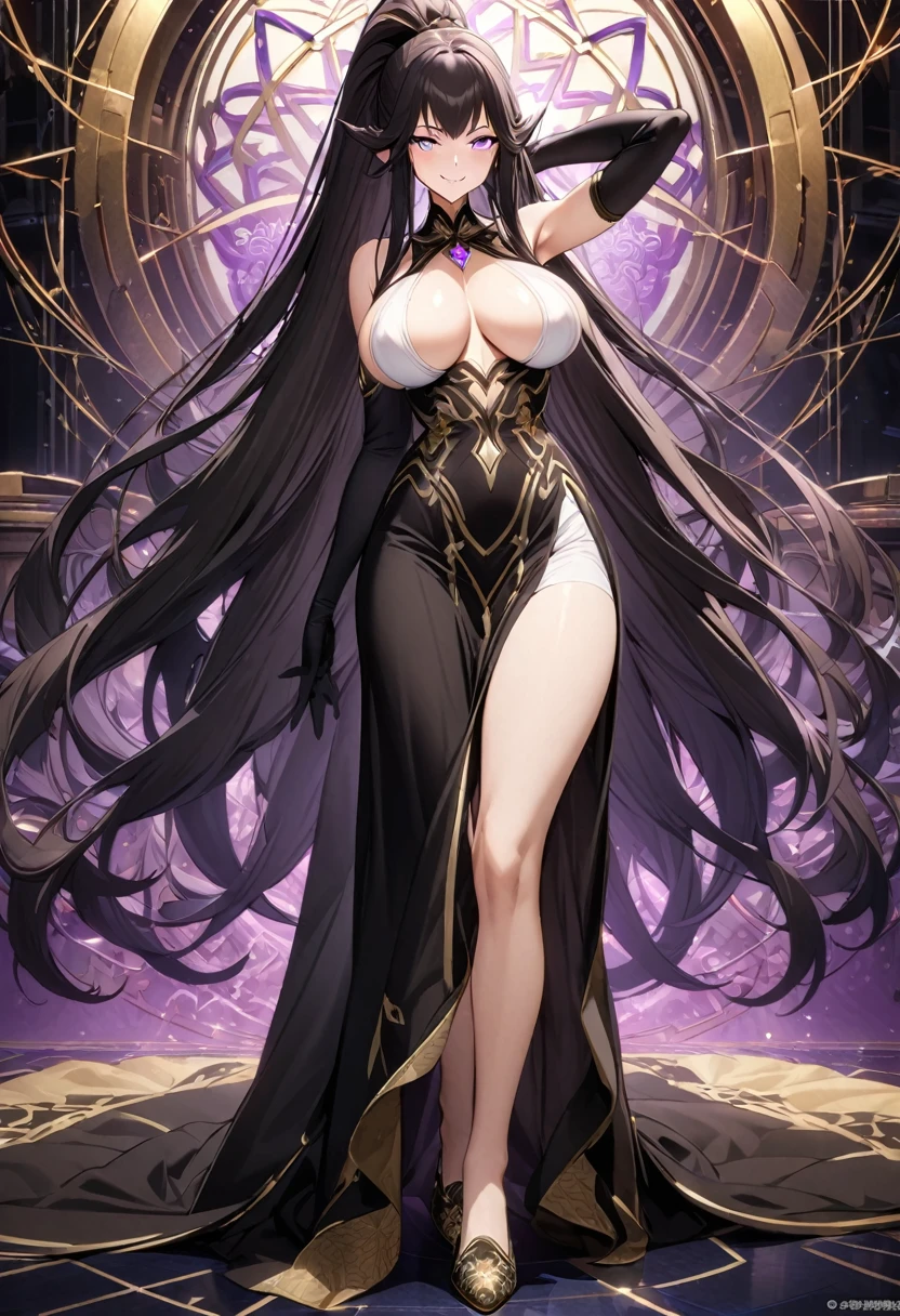 (masterpiece), (best quality), (Extremely detailed),Extremely detailed CG unity 8k wallpaper,Official Art,Expressive eyes,Solitary, (Arm stretch, Smile 1.2), (1 Girl, Mature female, whole body,Pretty Face, Perfect anatomical structure,High Ponytail，Very long hair, Purple Eyes, (Purple pupils), White Dress, Black robe, Large Breasts,Embroidered shoes,(, network, silk)Showing breasts，Relatively tall，Slim waist，Golden pattern，Embroidered shoes，Black Elbow Gloves, Jewelry),Semiramis (destiny)