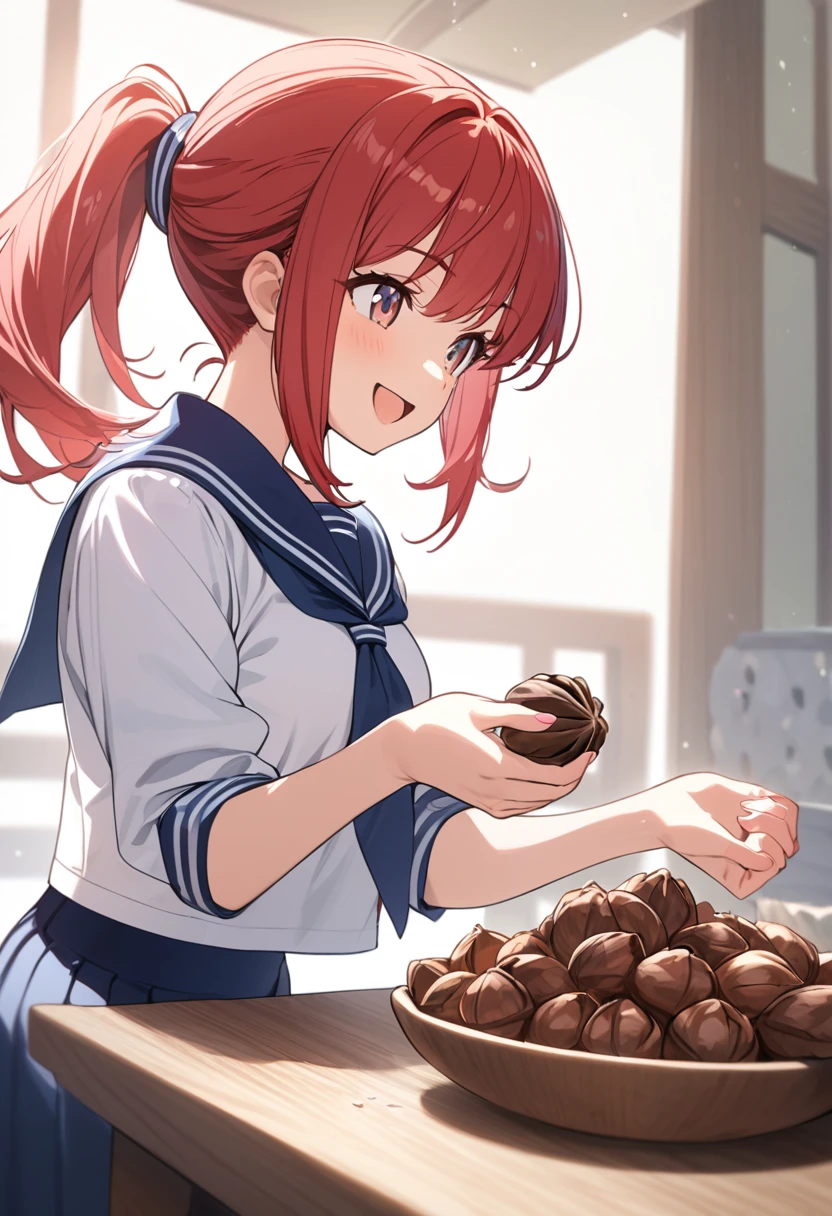 Girl, red hair, ponytail, smile, sailor suit, cracking walnut shells with bare hands,