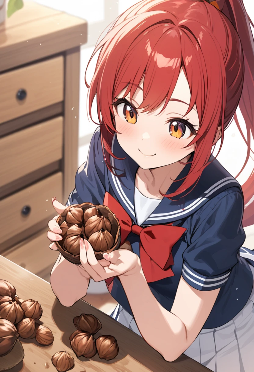 Girl, red hair, ponytail, smile, sailor suit, cracking walnut shells with bare hands,