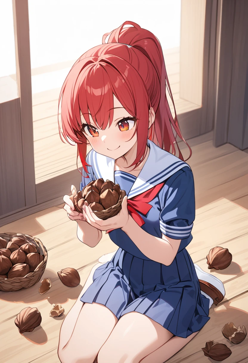 Girl, red hair, ponytail, smile, sailor suit, cracking walnut shells with bare hands,