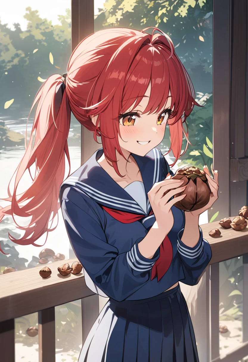 Girl, red hair, ponytail, smile, sailor suit, cracking walnut shells with bare hands,